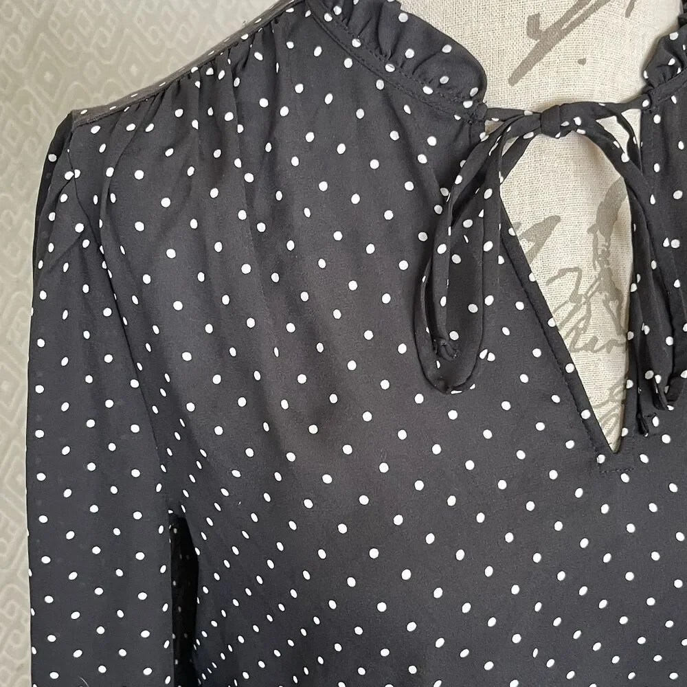 Loft Womens Ruffle Long Sleeve Blouse Polka Dots Front Keyhole Black Sz Small